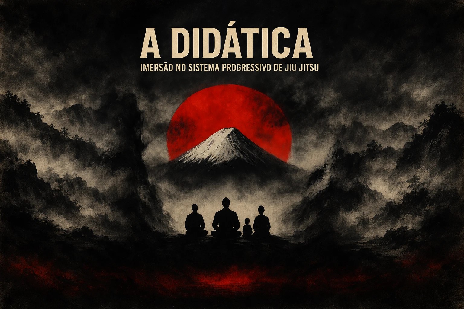A Didática, imersão no Sistema Progressivo de Jiu-Jitsu: o Monte Fuji diante de um sol vermelho e quatro silhuetas sentadas